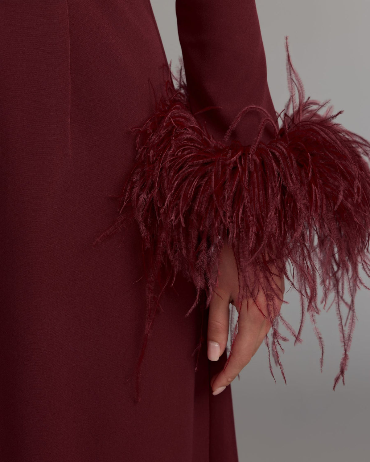 Maroon Feather Cuff Long Sleeve A-Line Gown Ieena for Mac Duggal