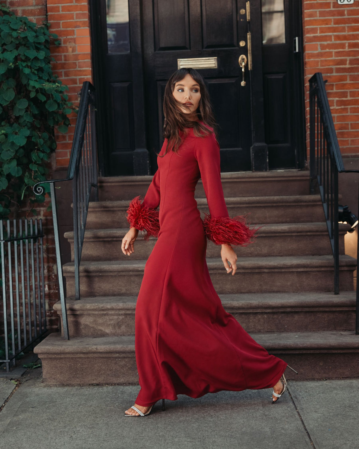 Maroon Feather Cuff Long Sleeve A-Line Gown Ieena for Mac Duggal