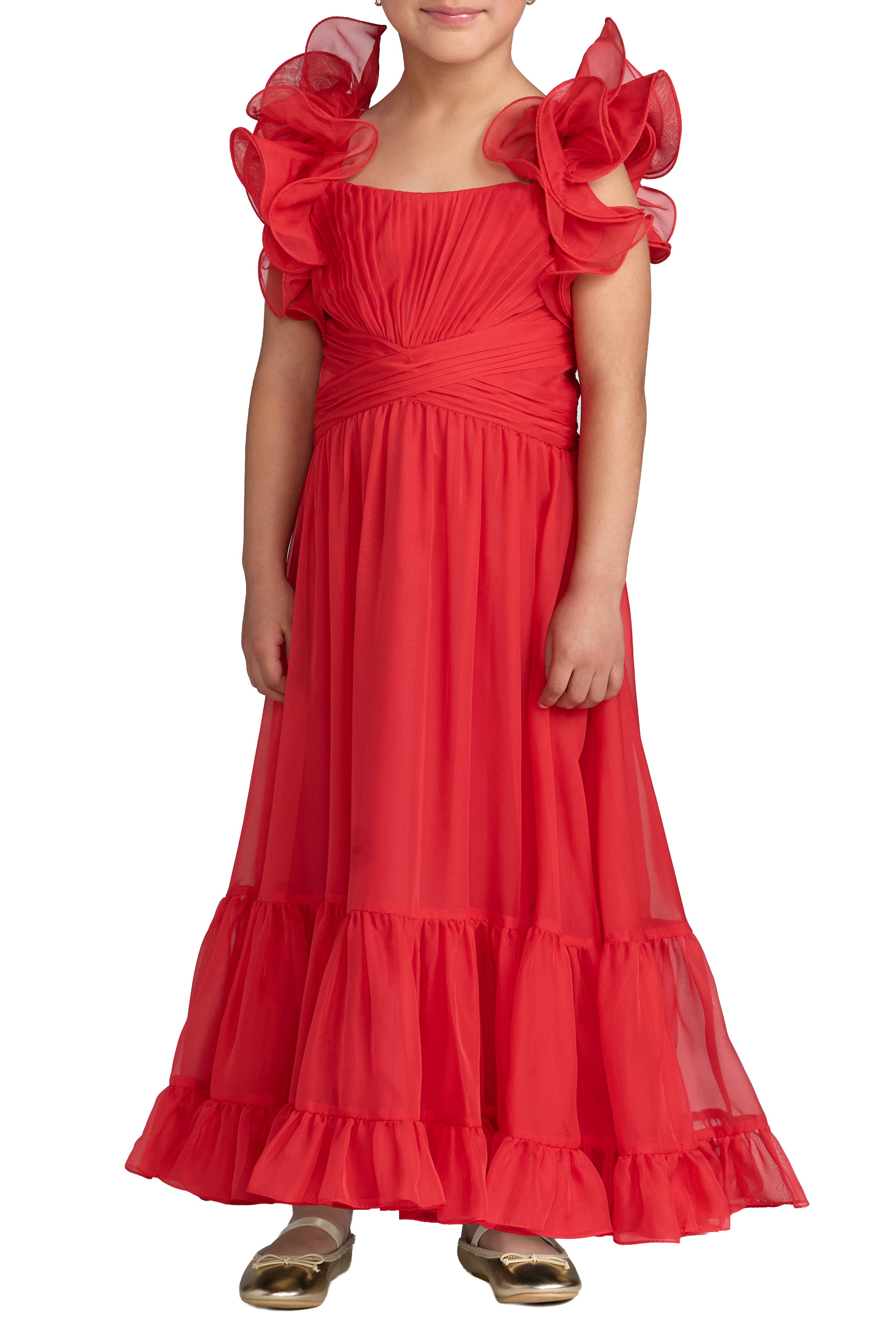 Children's Ruffle Shoulder Chiffon Gown - Red,0