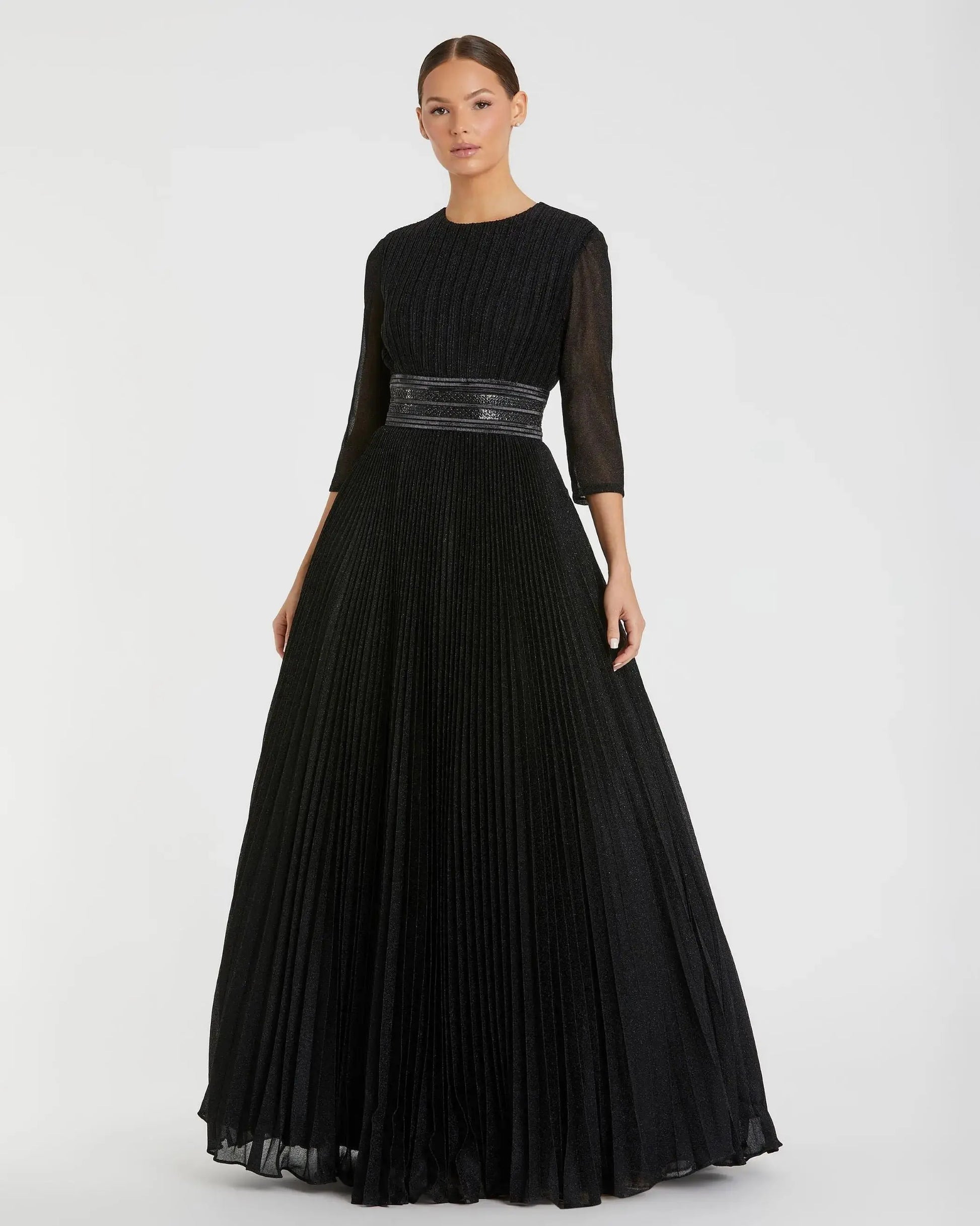 Black Shimmering Pleated 3/4 Sleeve Ball Gown | Mac Duggal Black Shimmering Pleated 3/4 Sleeve Ball Gown | Mac Duggal