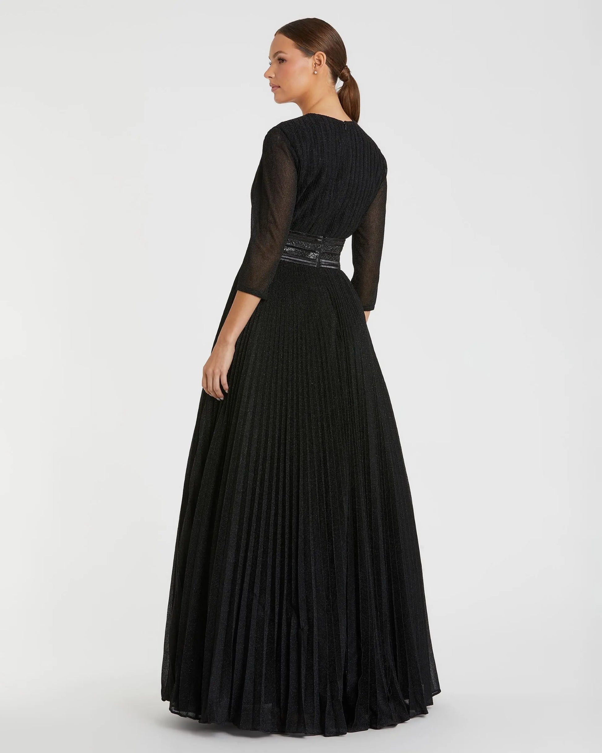 Black Shimmering Pleated 3/4 Sleeve Ball Gown | Mac Duggal Black Shimmering Pleated 3/4 Sleeve Ball Gown | Mac Duggal