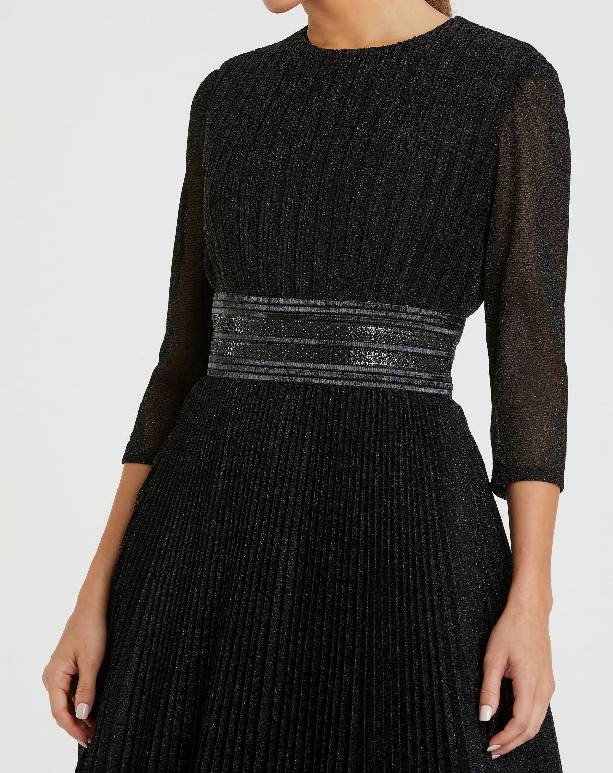 Shimmering Pleated A-Line 3/4 Sleeve Gown