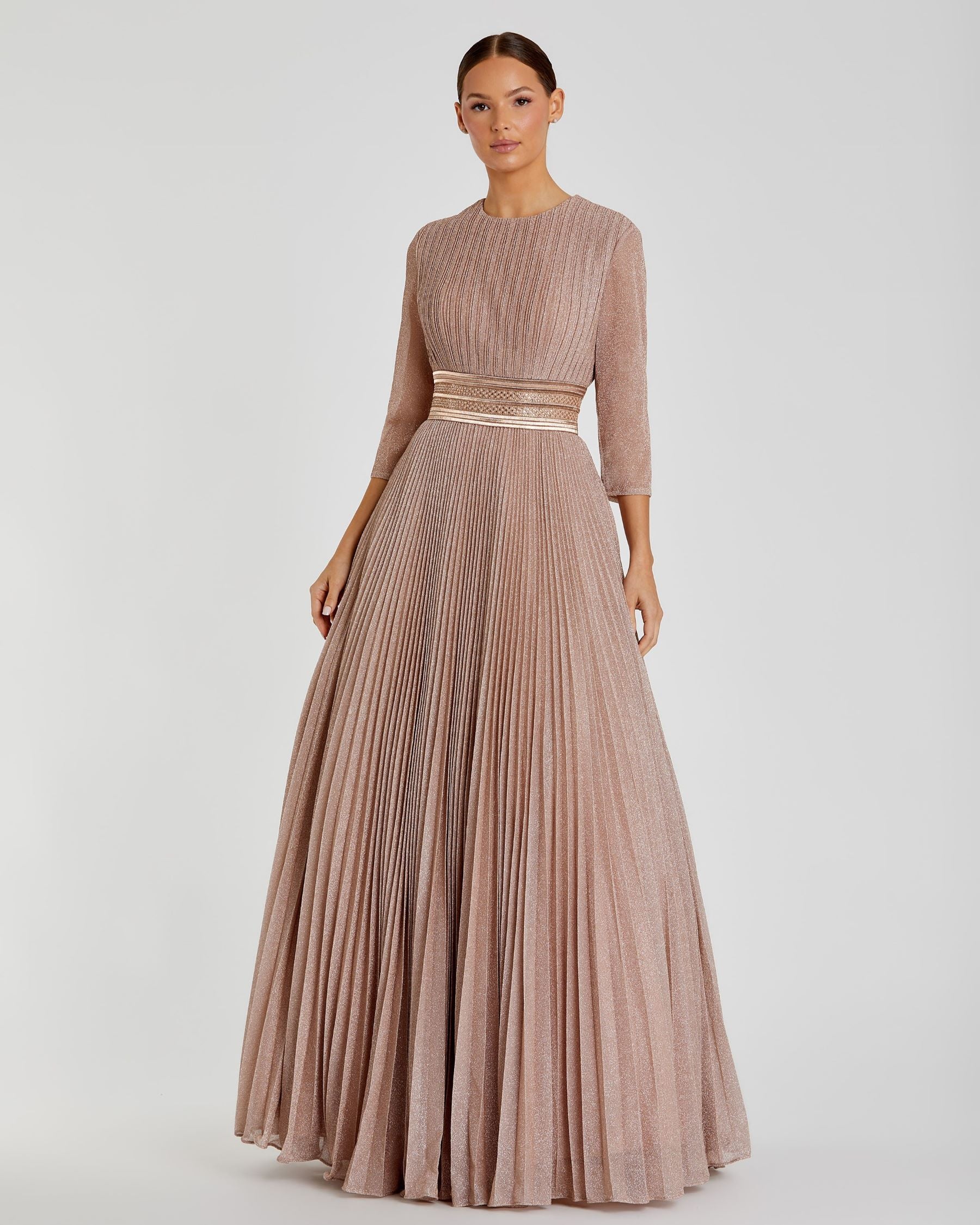 Shimmering Pleated A-Line 3/4 Sleeve Gown