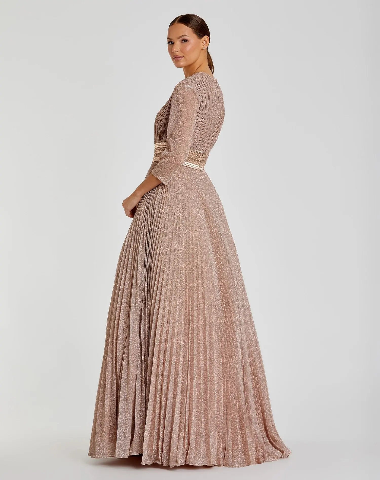 Pink Shimmering Pleated 3/4 Sleeve Ball Gown | Mac Duggal Pink Shimmering Pleated 3/4 Sleeve Ball Gown | Mac Duggal