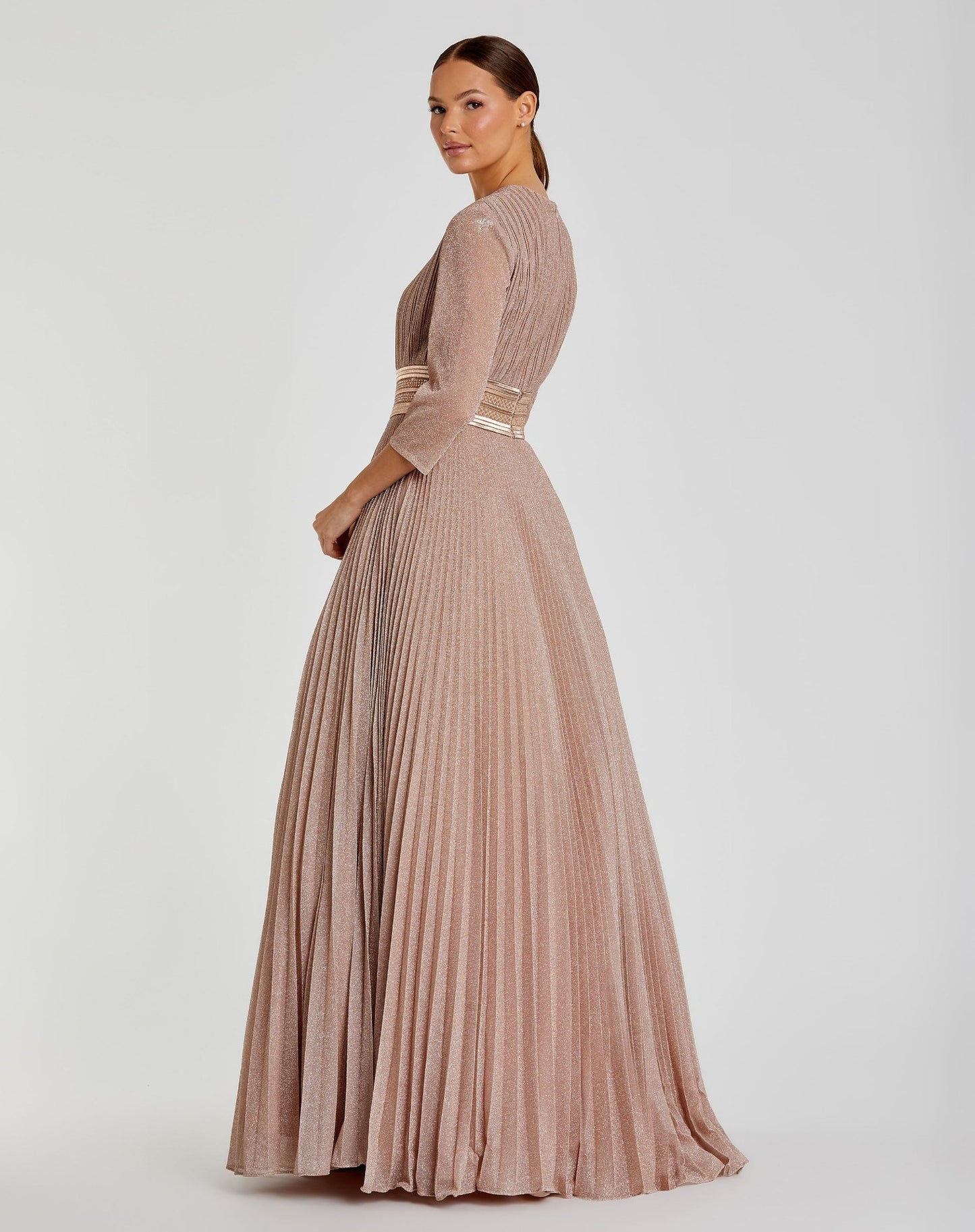 Shimmering Pleated A-Line 3/4 Sleeve Gown