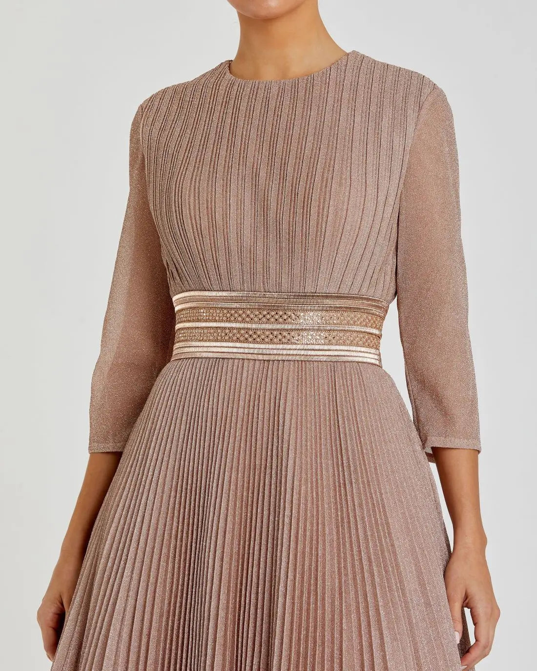 Mac Duggal Shimmering Pleated A-Line 3/4 Sleeve Gown - Rose Gold - 8 Mac Duggal Shimmering Pleated A-Line 3/4 Sleeve Gown - Rose Gold - 8