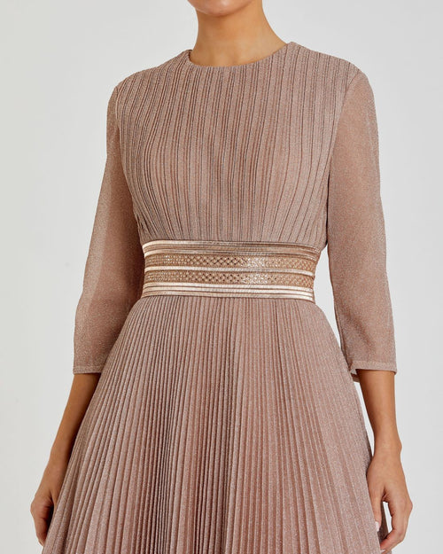 Pink Shimmering Pleated A-Line 3/4 Sleeve Gown