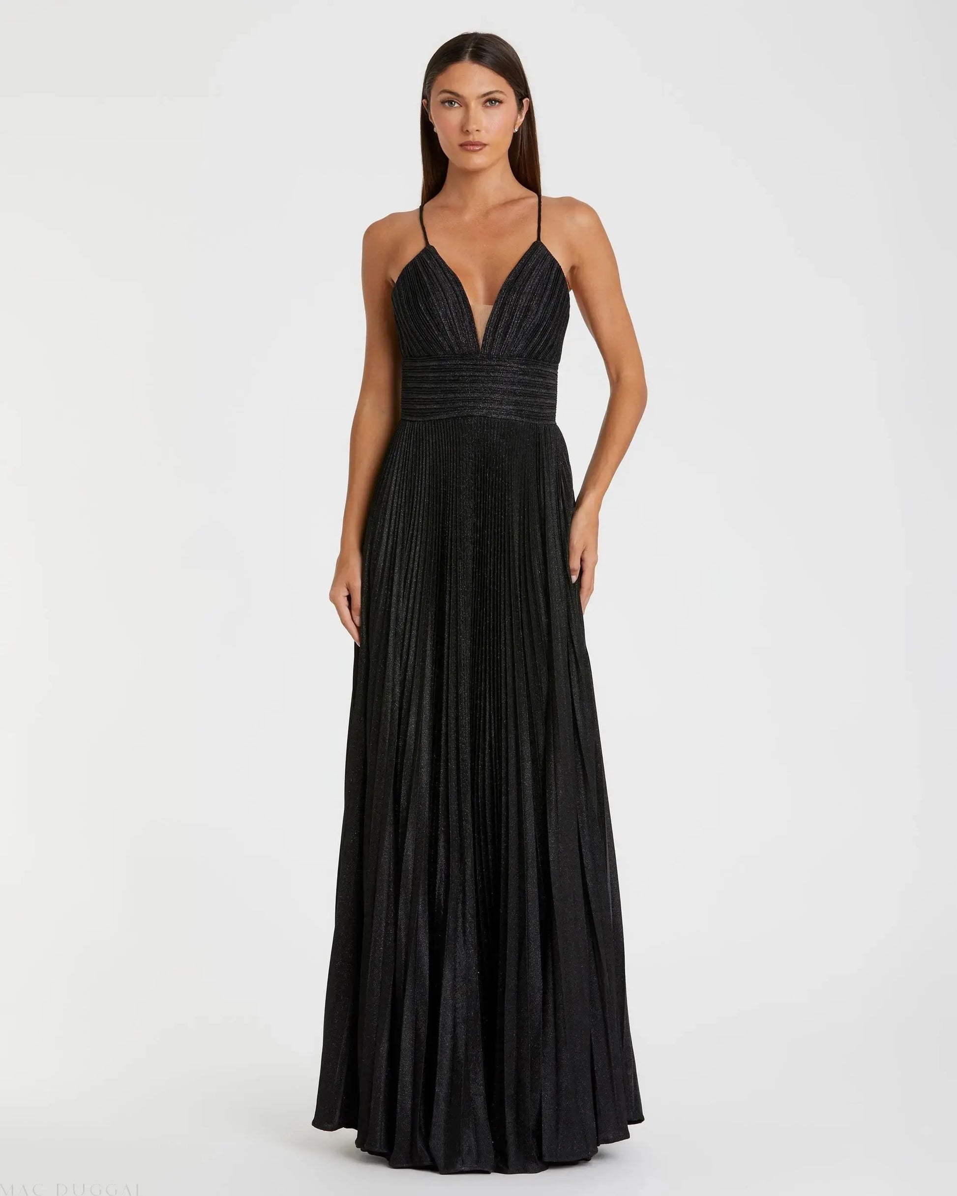Mac Duggal Black Shimmer Pleated V-Neck Gown Size US 16 Mac Duggal Black Shimmer Pleated V-Neck Gown Size US 16