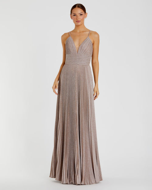 Shimmer Pleated V-neck Gown