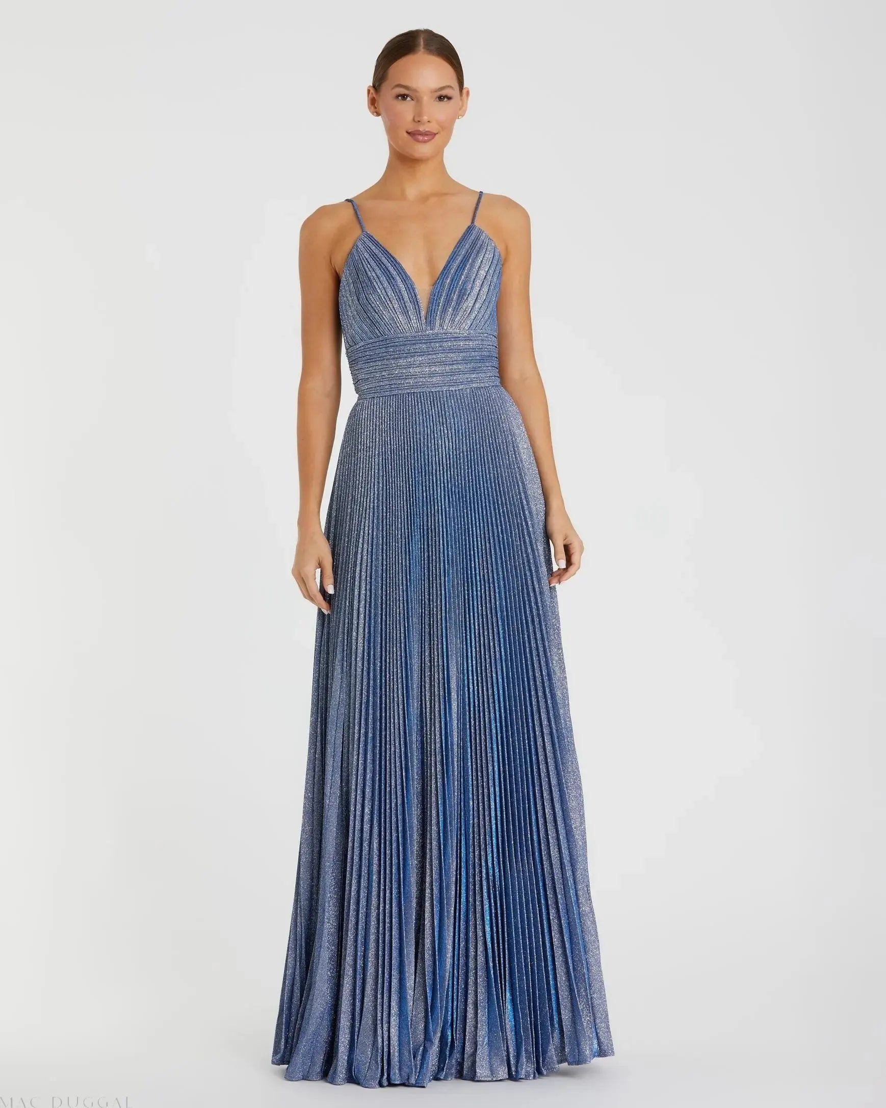 Blue Shimmer Pleated V-Neck Gown - Mac Duggal
