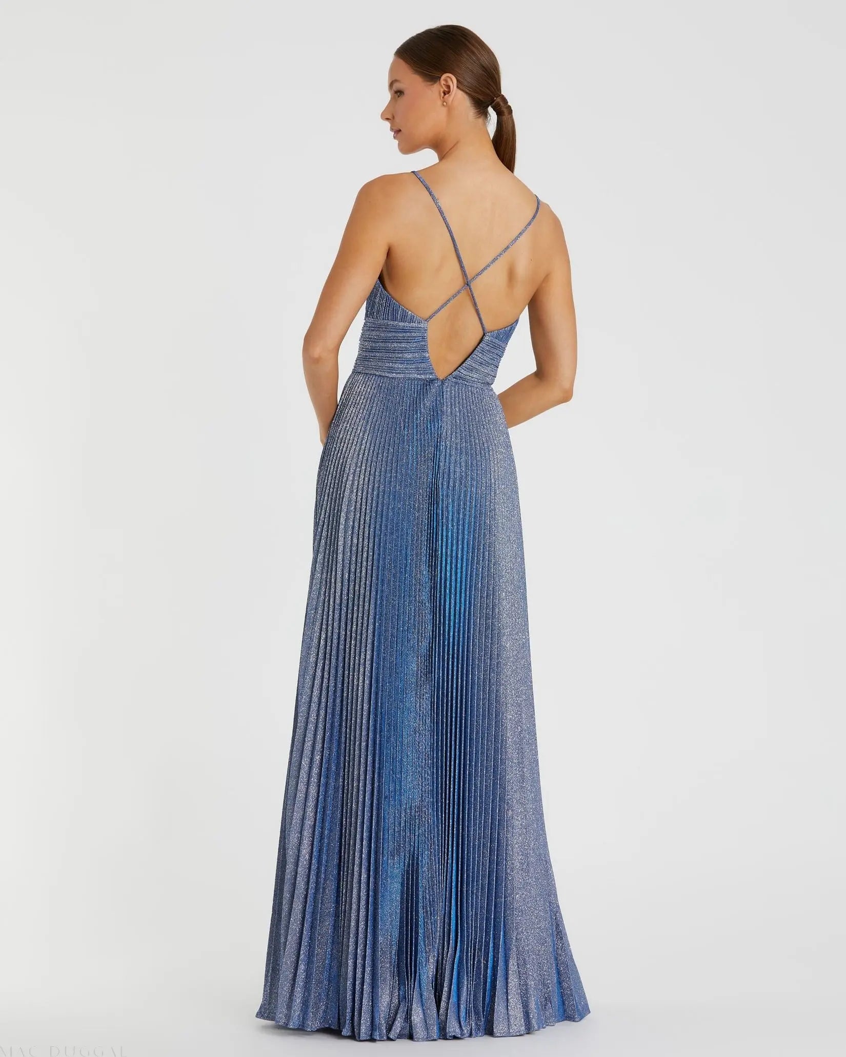 Blue Shimmer Pleated V-Neck Gown - Mac Duggal