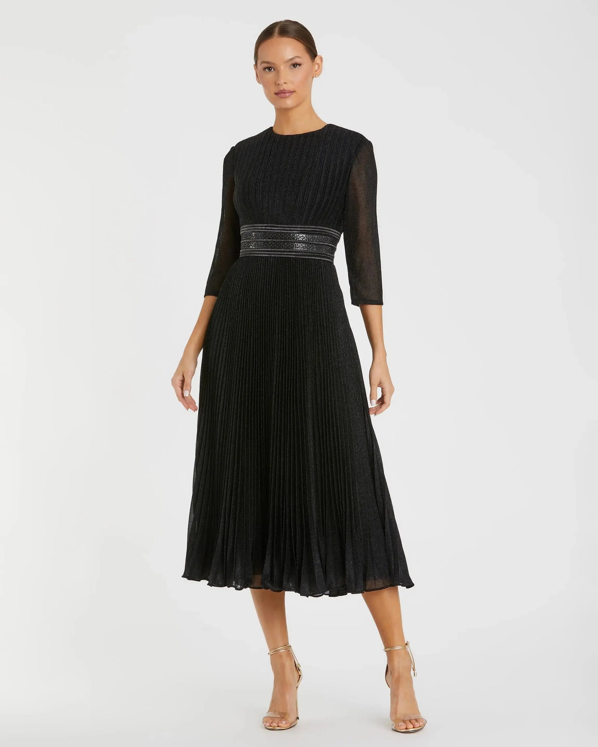 Black Shimmering 3/4 Sleeve A-Line Midi Dress | Mac Duggal Black Shimmering 3/4 Sleeve A-Line Midi Dress | Mac Duggal