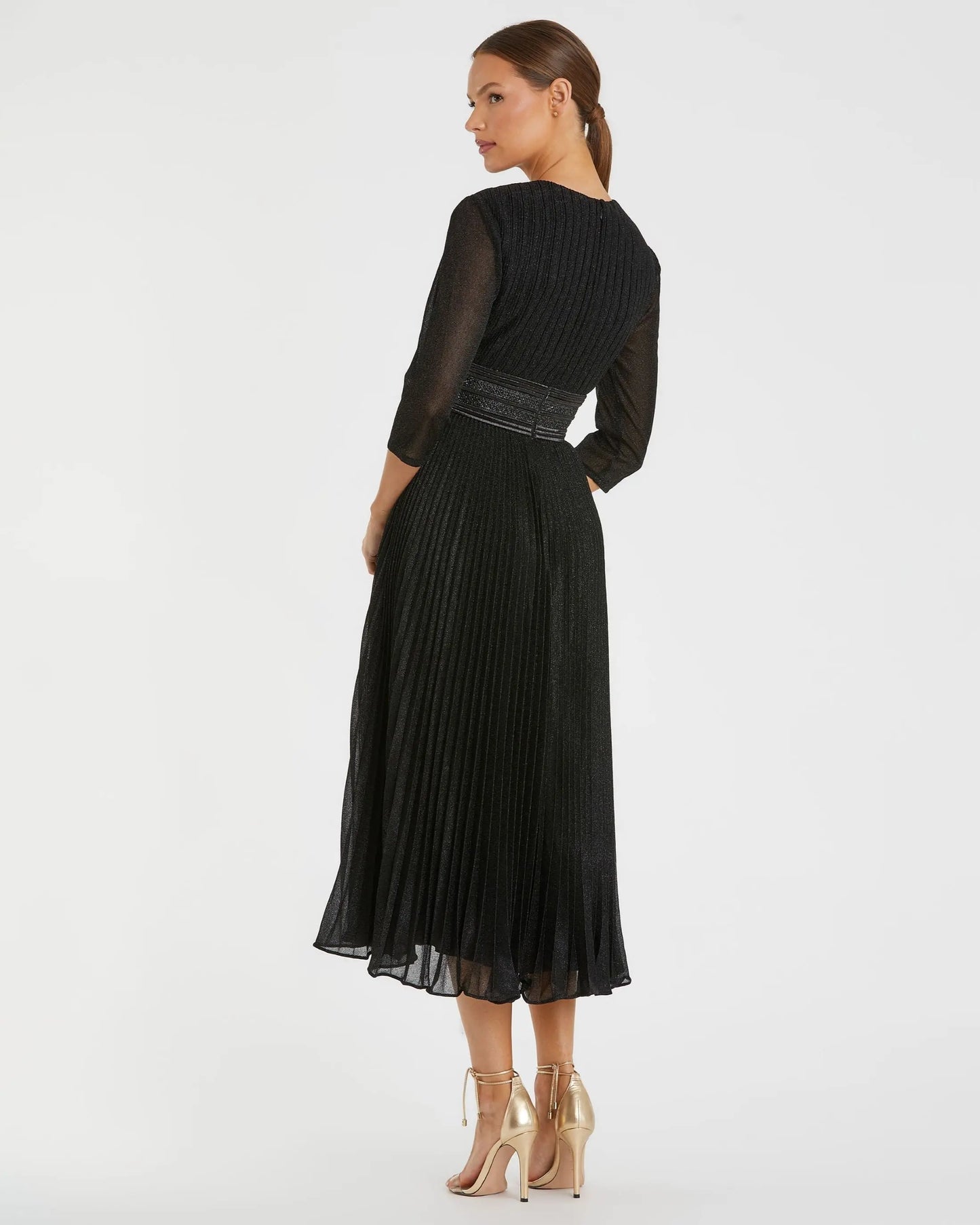Black Shimmering 3/4 Sleeve A-Line Midi Dress | Mac Duggal Black Shimmering 3/4 Sleeve A-Line Midi Dress | Mac Duggal