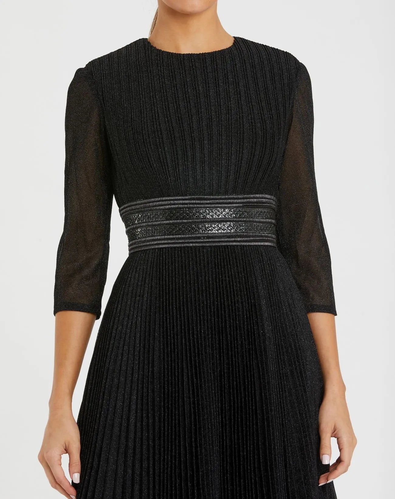 Black Shimmering 3/4 Sleeve A-Line Midi Dress | Mac Duggal Black Shimmering 3/4 Sleeve A-Line Midi Dress | Mac Duggal