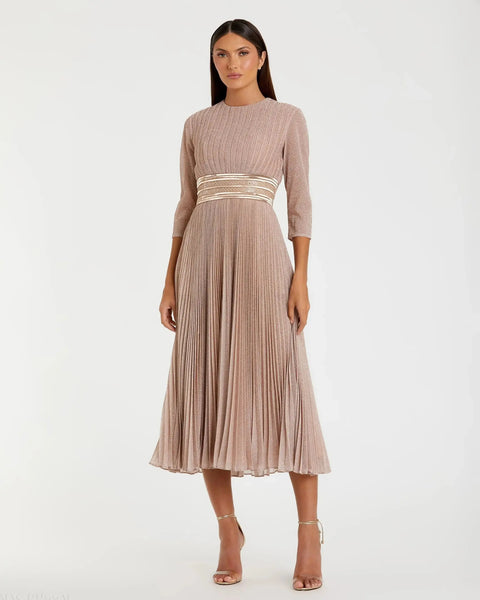 Mac Duggal Shimmering 3/4 Sleeve A-Line Midi Dress - Rose Gold (Brown)
