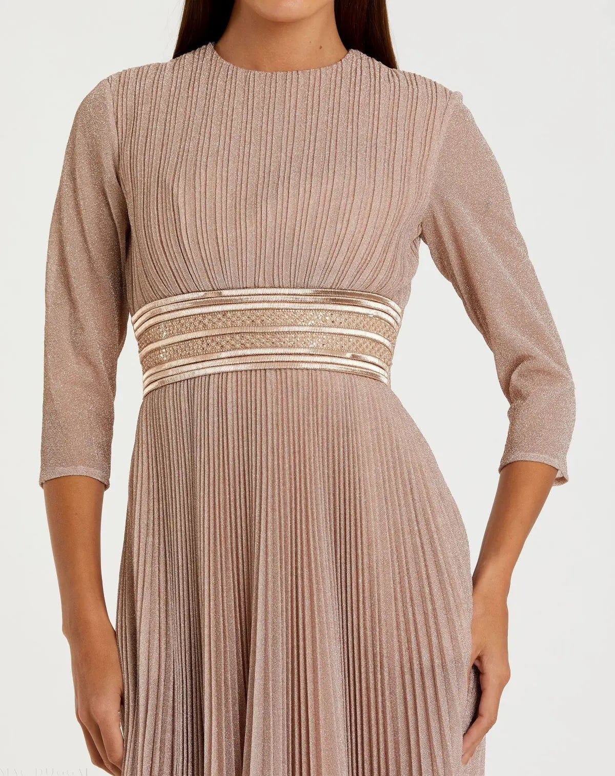 Pink Shimmering 3/4 Sleeve A-Line Midi Dress - Mac Duggal Pink Shimmering 3/4 Sleeve A-Line Midi Dress - Mac Duggal
