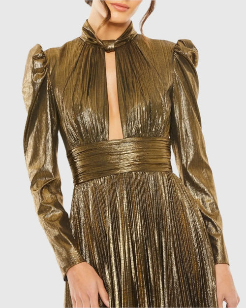 Gold Long Sleeve Keyhole Neck Heat Pleat Metallic Gown - Mac Duggal