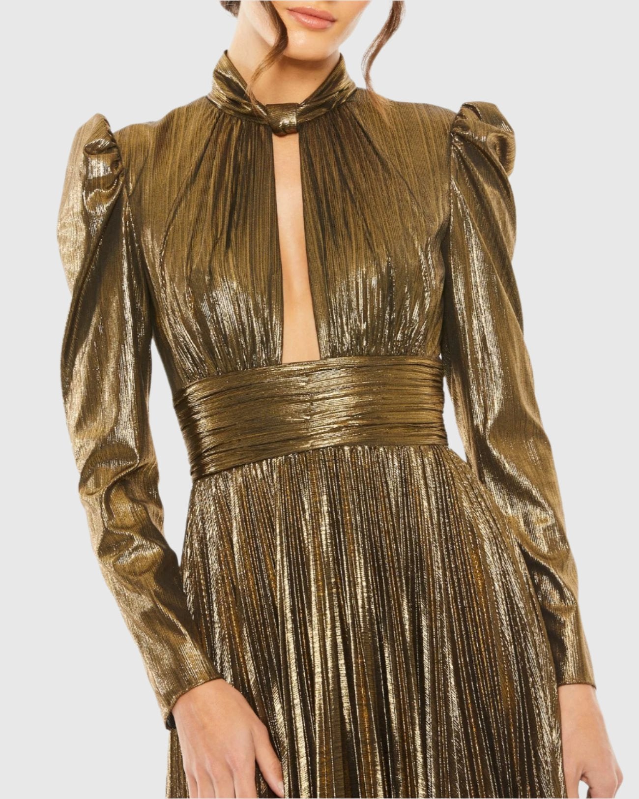 Long Sleeve Keyhole Neck Heat Pleat Metallic Gown