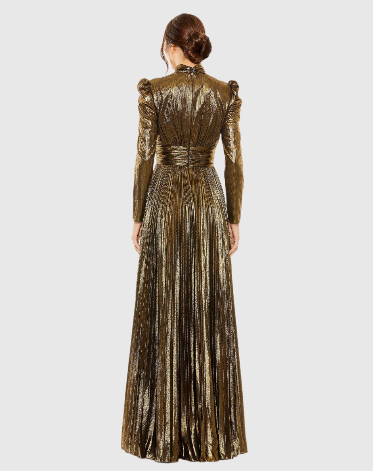 Long Sleeve Keyhole Neck Heat Pleat Metallic Gown