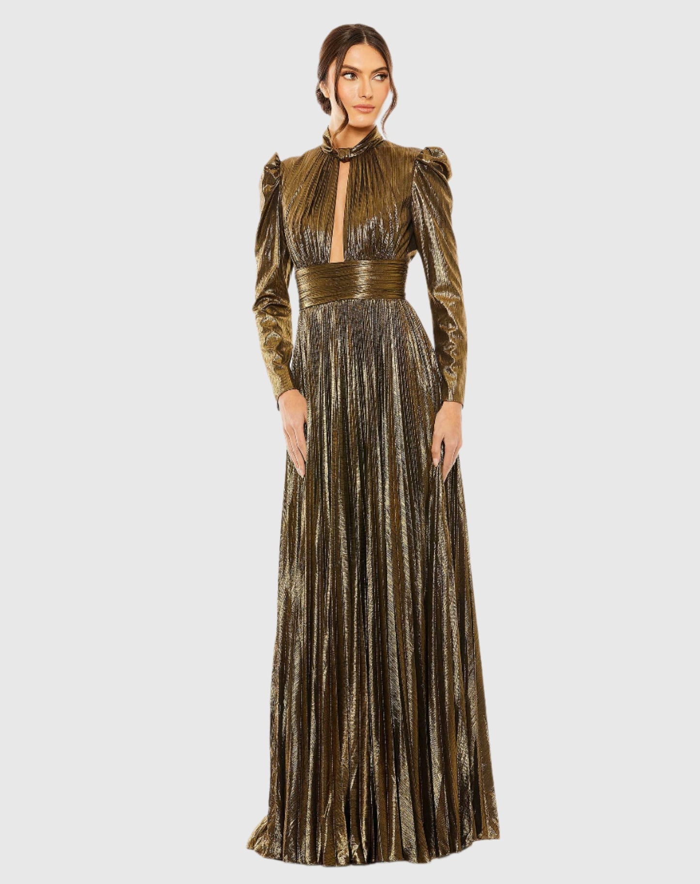 Long Sleeve Keyhole Neck Heat Pleat Metallic Gown