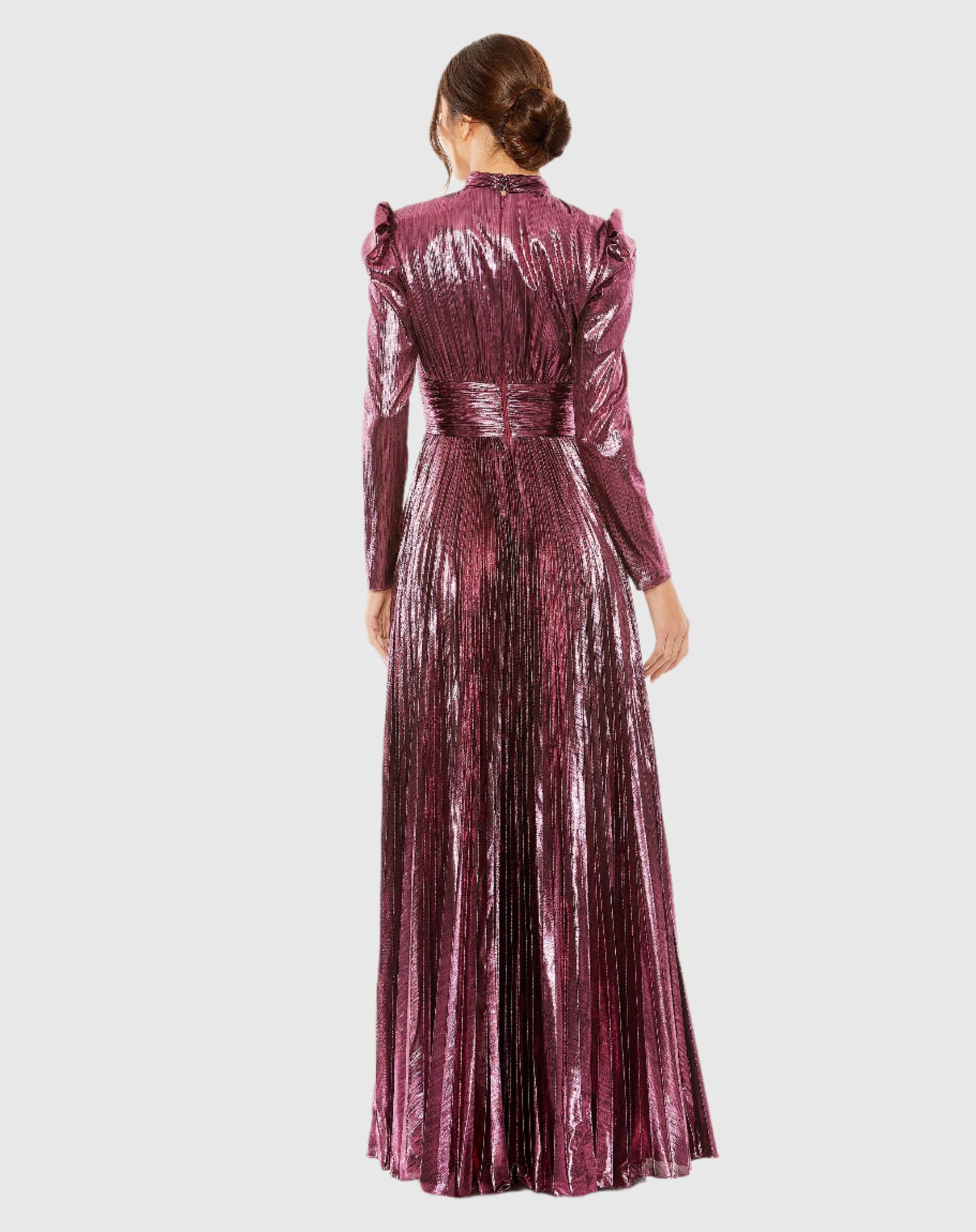 Long Sleeve Keyhole Neck Heat Pleat Metallic Gown