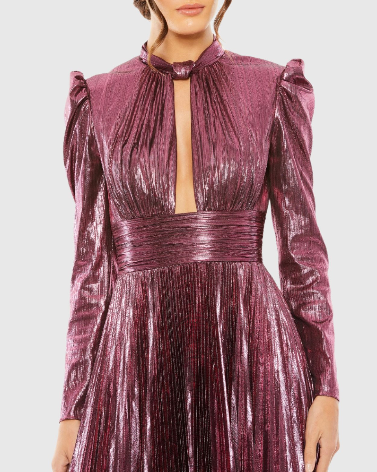 Long Sleeve Keyhole Neck Heat Pleat Metallic Gown