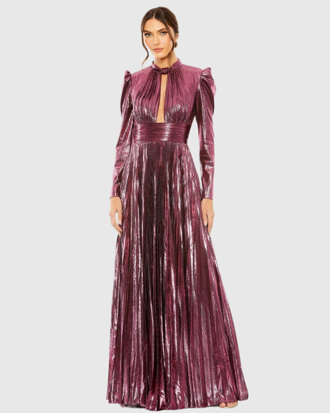 Long Sleeve Keyhole Neck Heat Pleat Metallic Gown