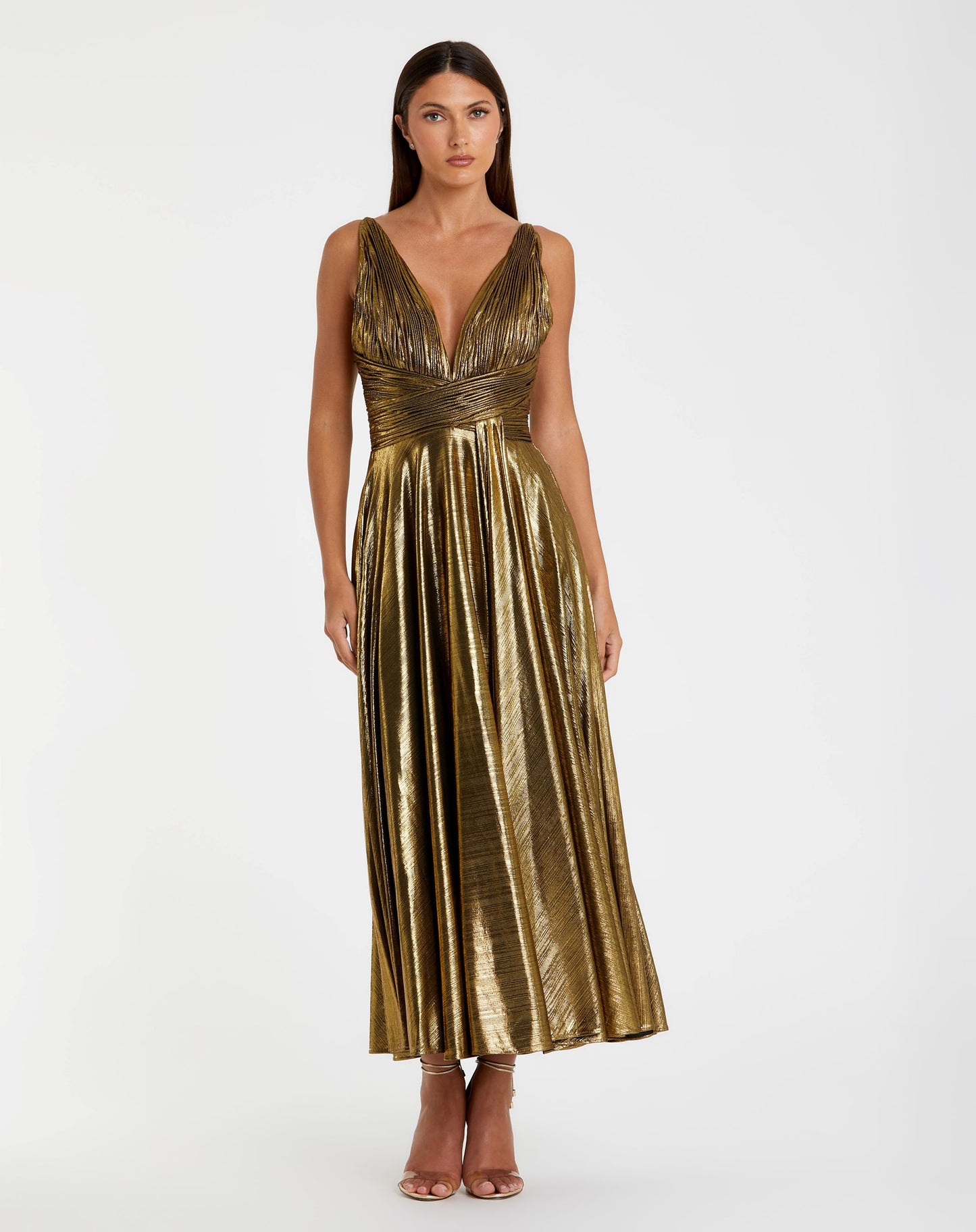 Sleeveless V Neck Pleated Top Metallic Dress