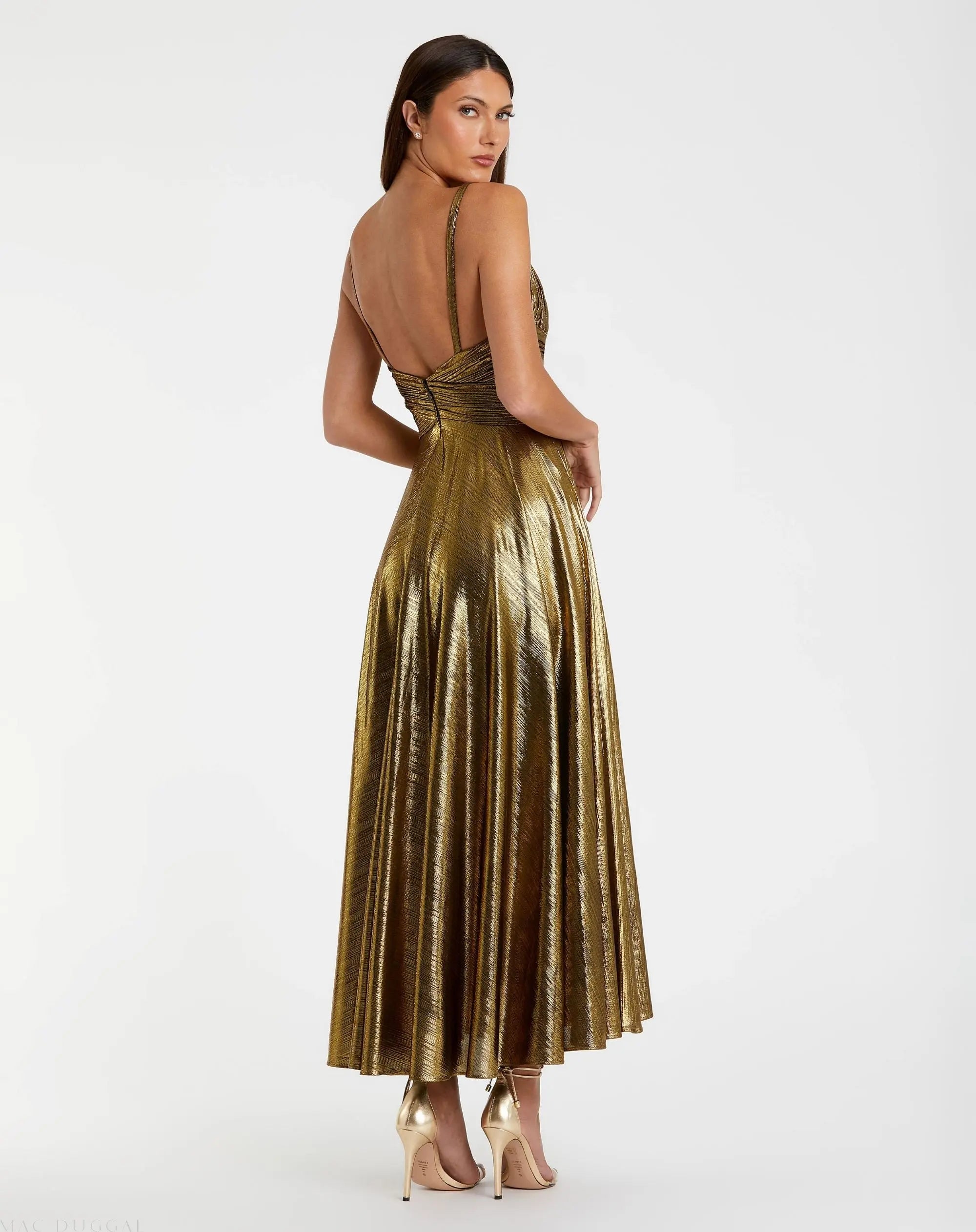 Gold Sleeveless V Neck Pleated Top Metallic Dress - Ieena for Mac Duggal