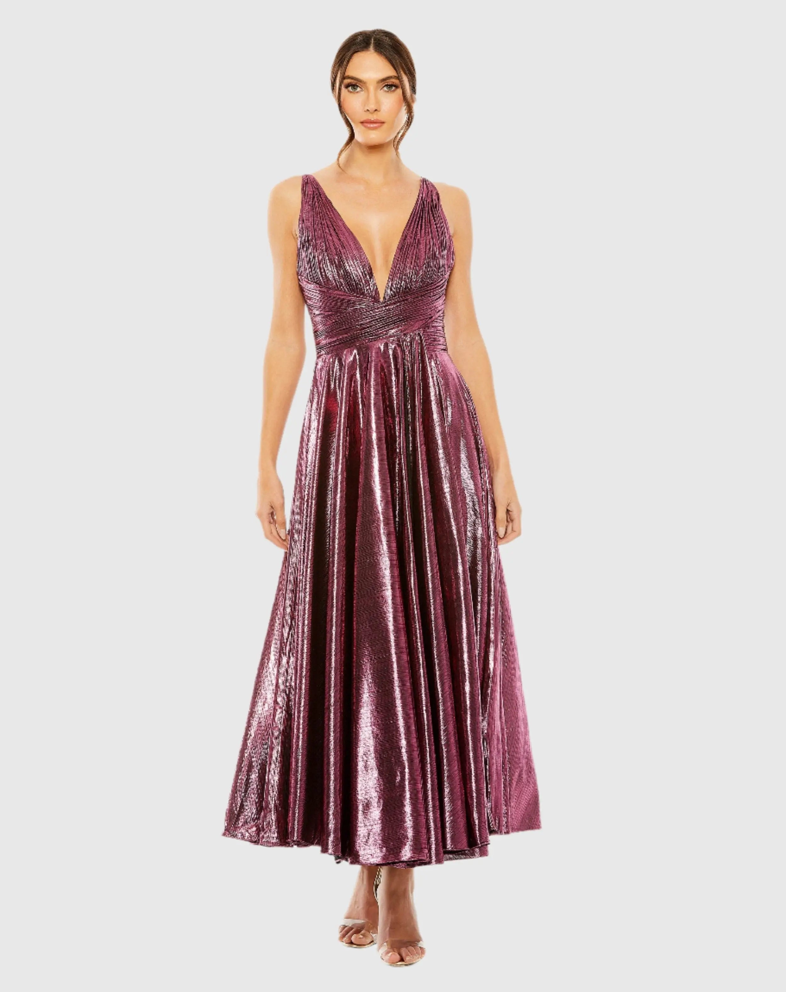 Pink Sleeveless V Neck Pleated Top Metallic Dress - Ieena for Mac Duggal