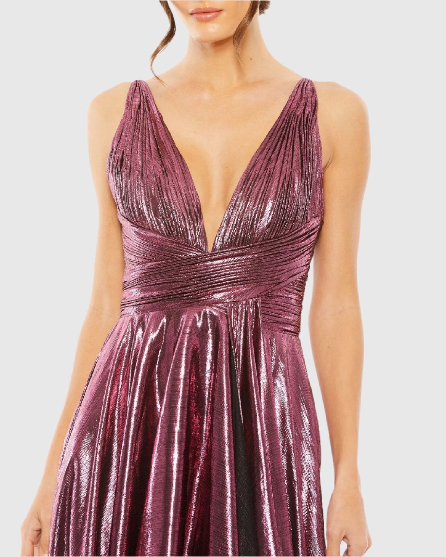 Pink Sleeveless V Neck Pleated Top Metallic Dress - Ieena for Mac Duggal