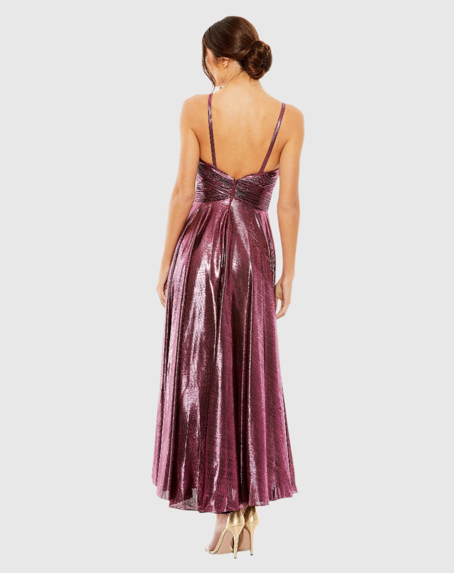 Ärmelloses Metallic-Kleid mit V-Ausschnitt und Plissee-Oberteil