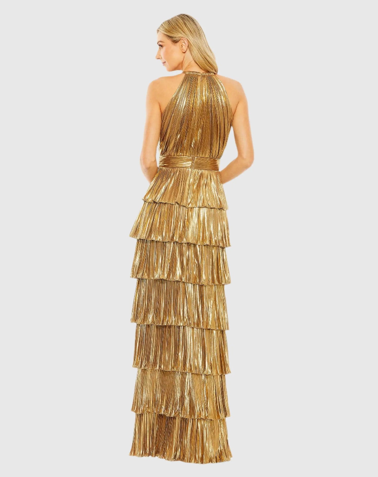 Gold High Neck Pleated Tiered Ruffle Metallic Gown - Ieena for Mac Duggal