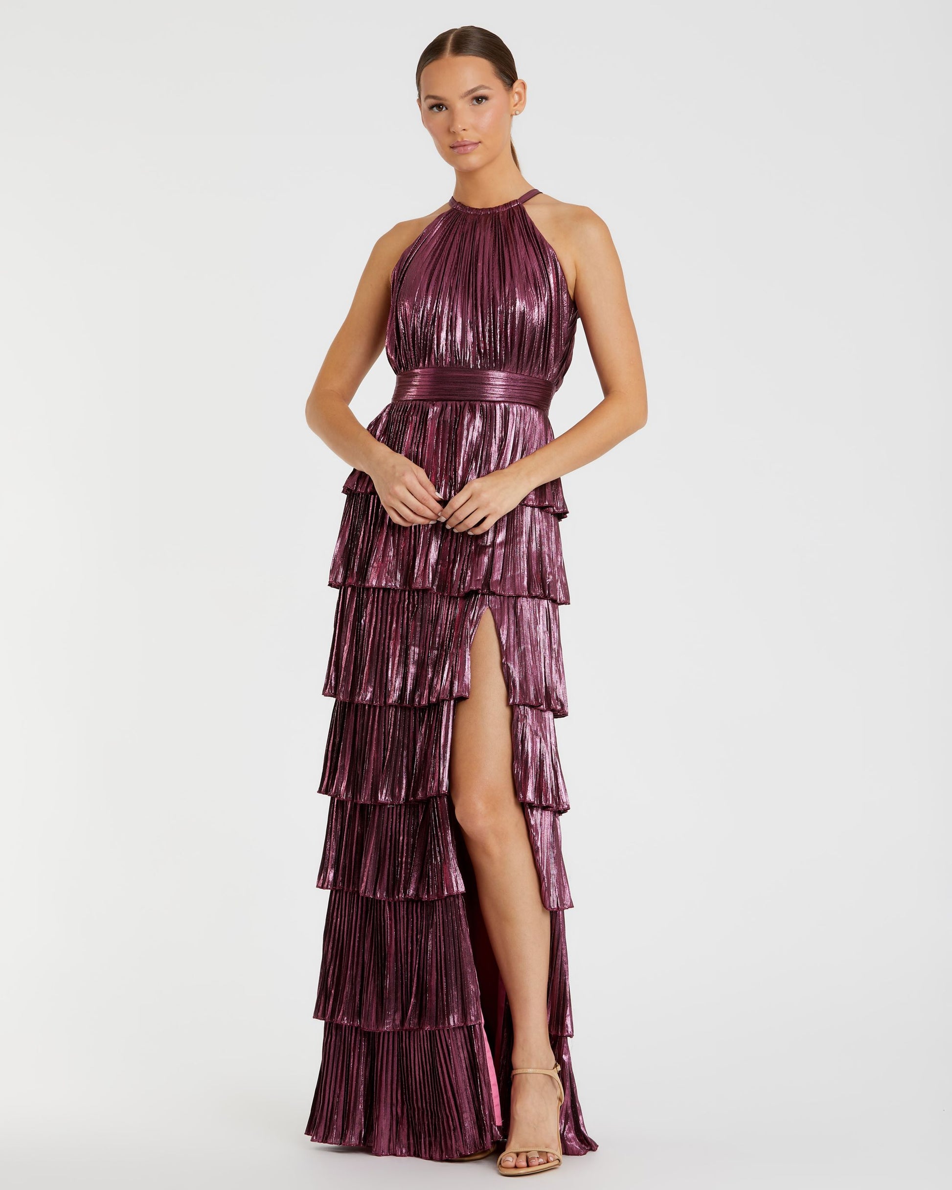 High Neck Pleated Tiered Ruffle Metallic Gown