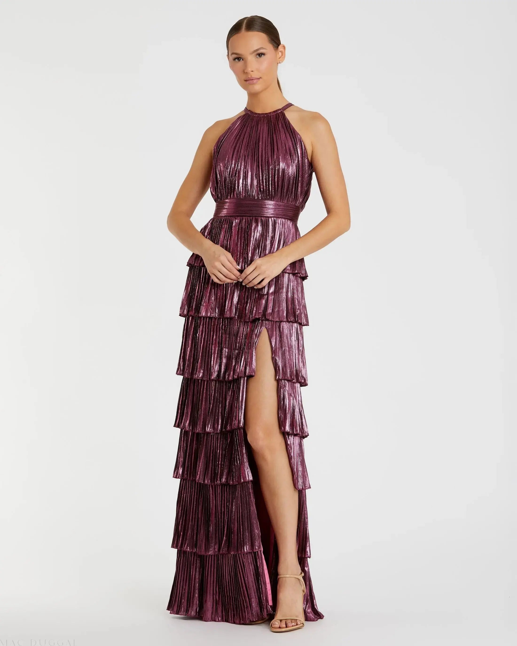 Purple High Neck Pleated Tiered Ruffle Metallic Gown - Ieena for Mac Duggal