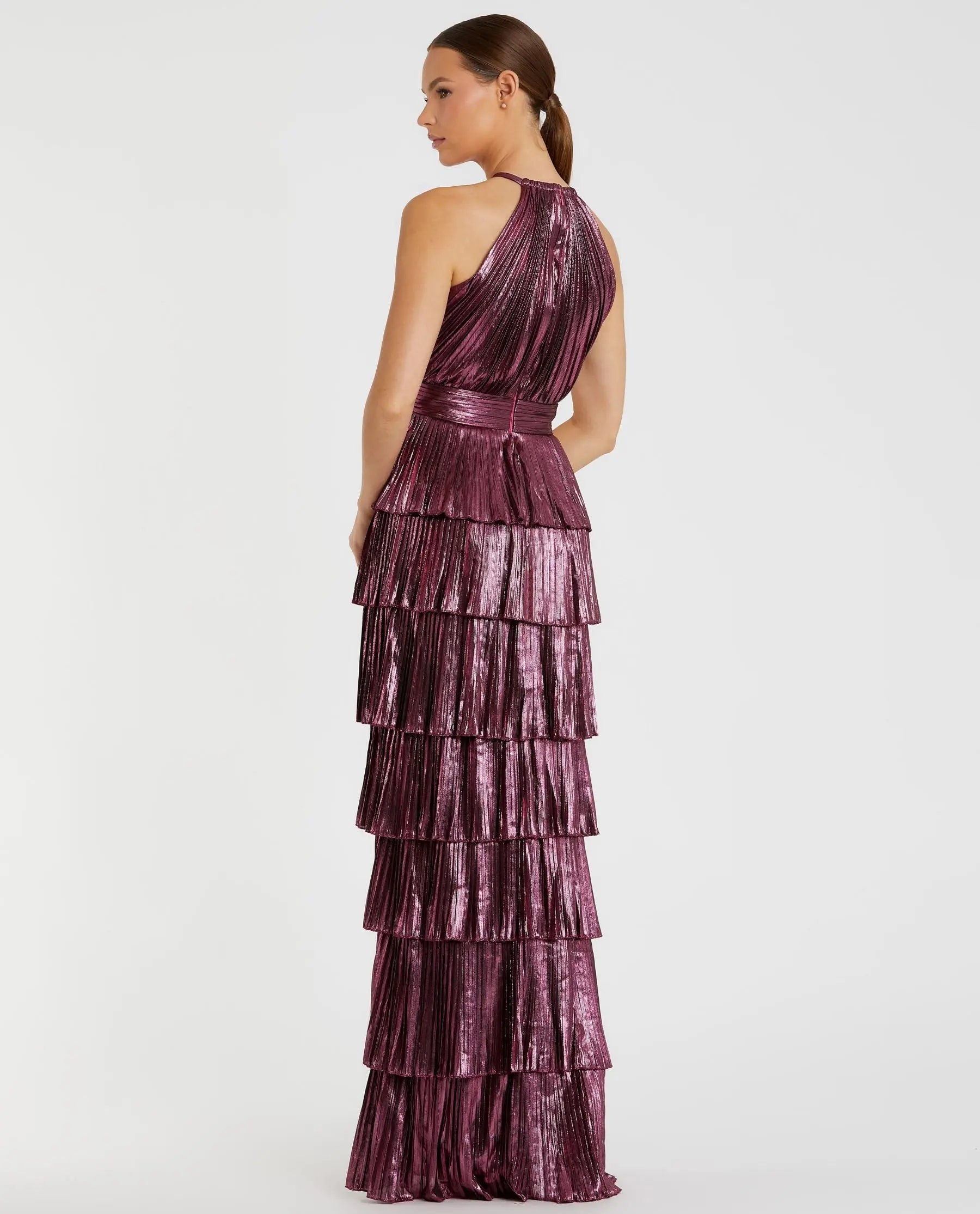 Purple Metallic Halter Neck Tiered Ruffle Gown | Mac Duggal Purple Metallic Halter Neck Tiered Ruffle Gown | Mac Duggal