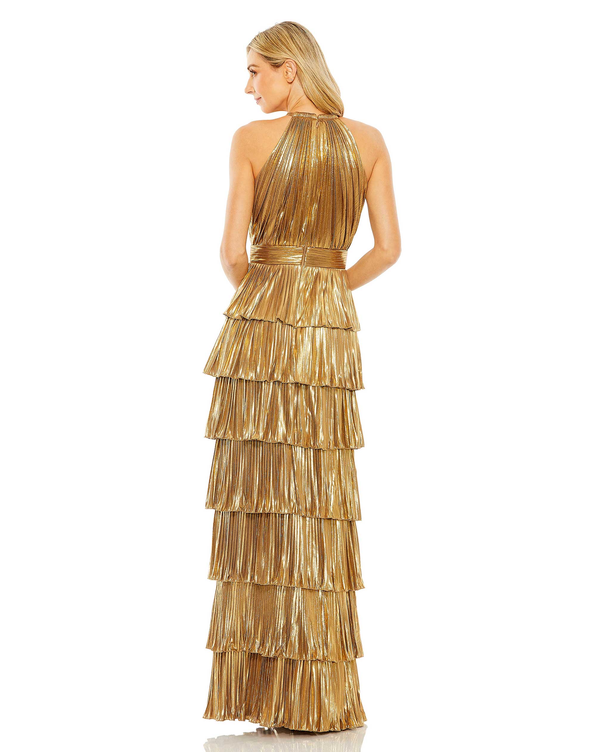 High Neck Pleated Tiered Ruffle Metallic Gown