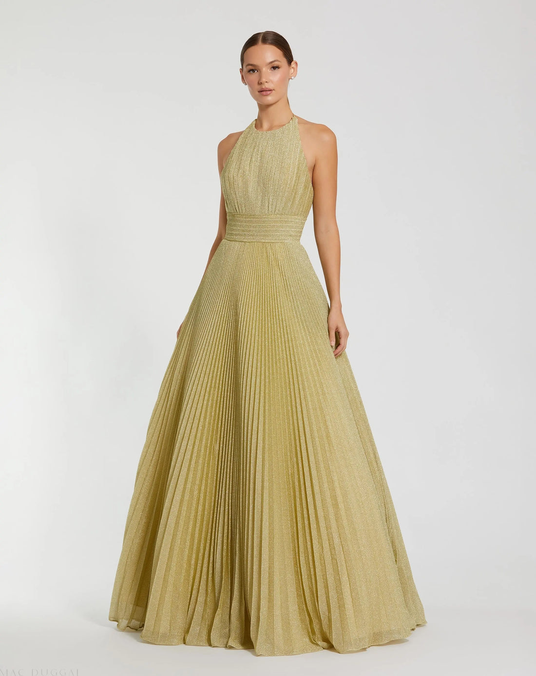 Gold Shimmering Pleated High Neck Gown - Ieena for Mac Duggal