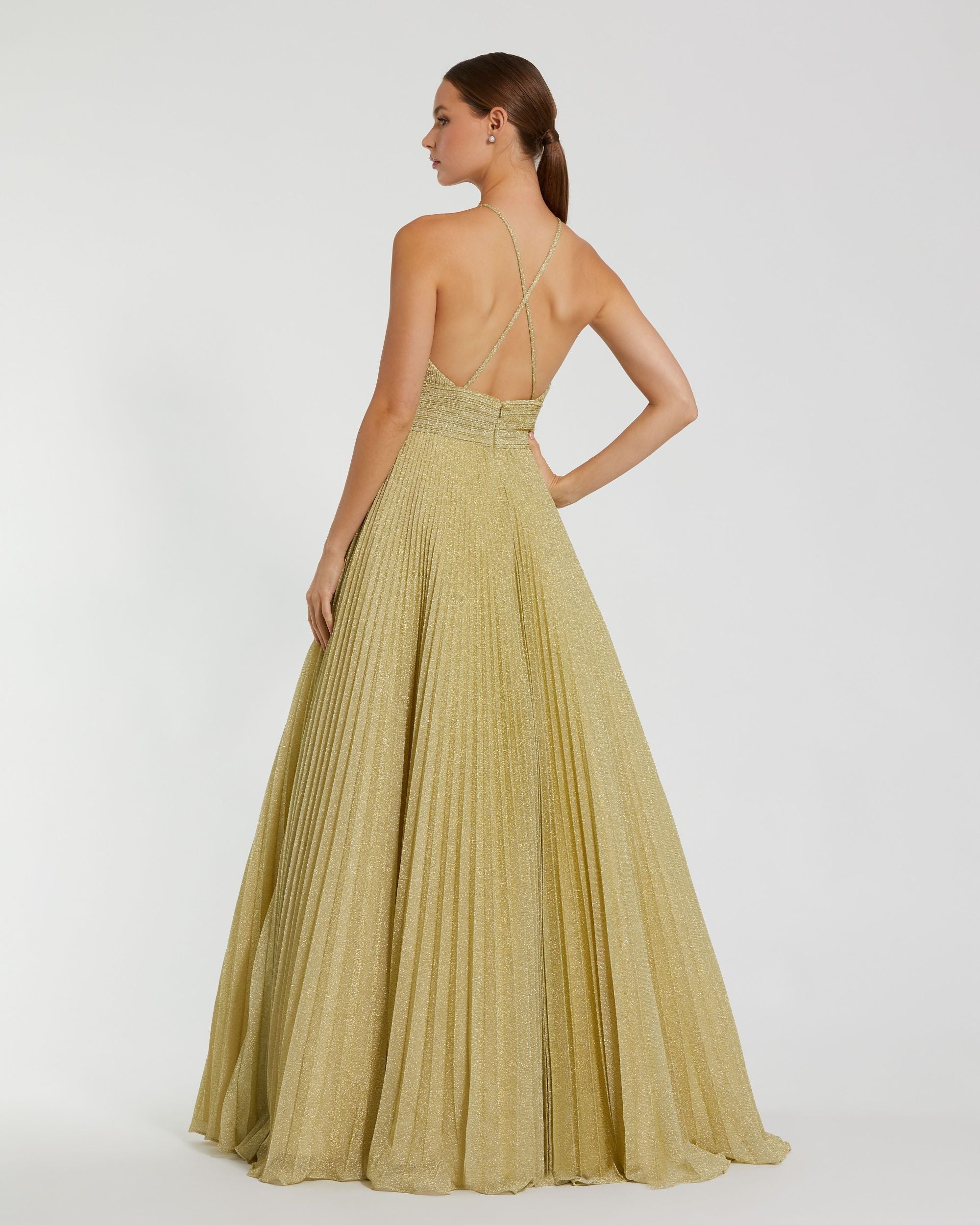 Gold Shimmering Pleated High Neck Gown - Ieena for Mac Duggal