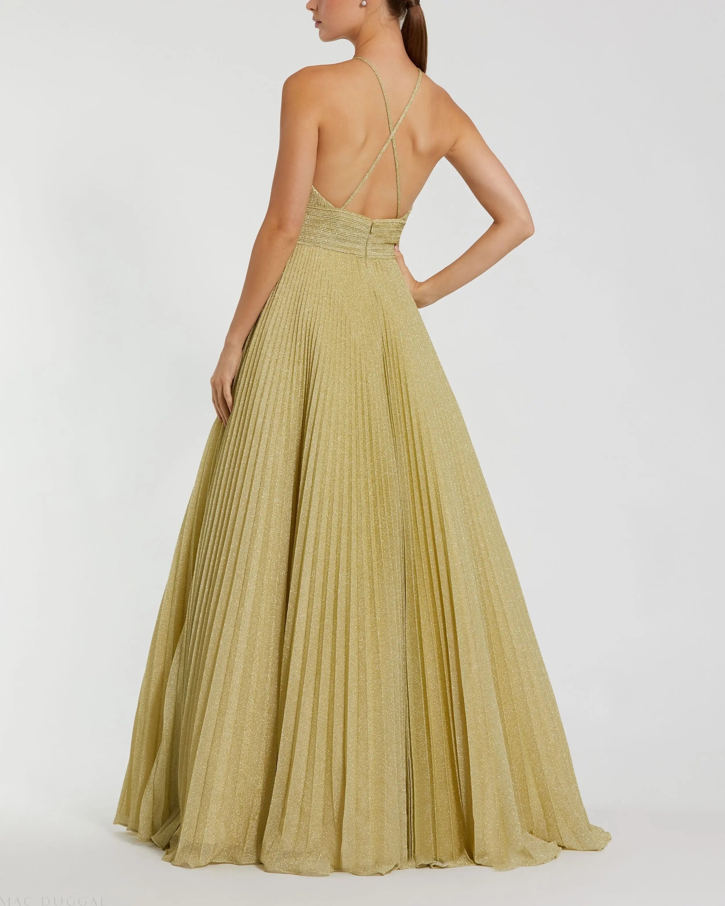 Gold Shimmering Pleated High Neck Gown - Ieena for Mac Duggal
