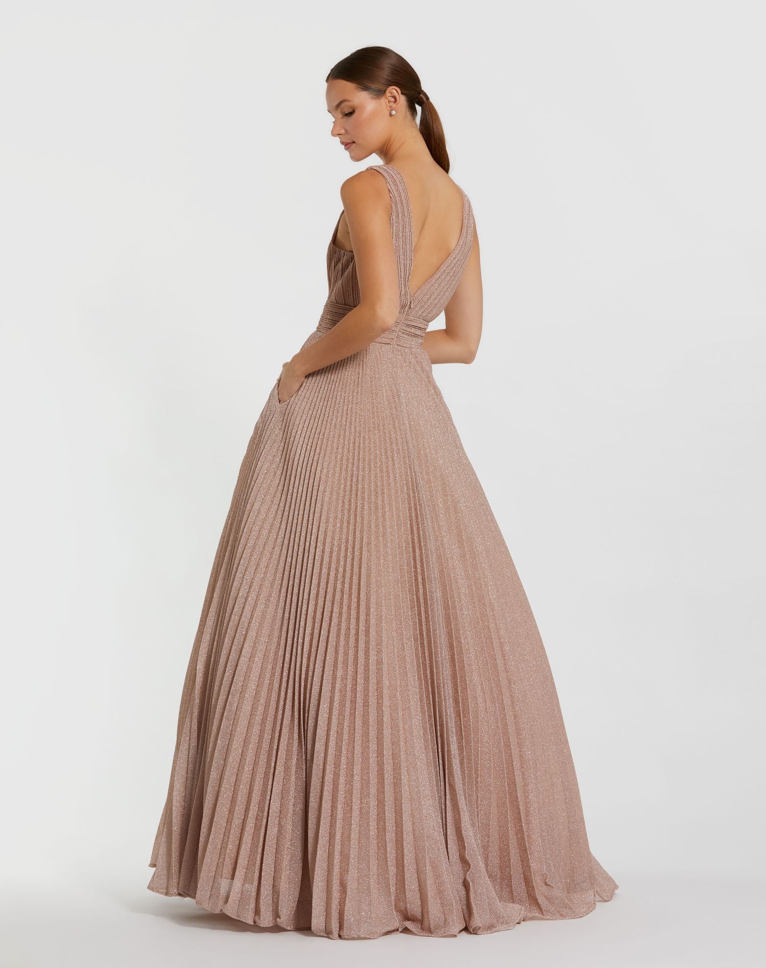 Shimmering Georgette Pleated Sleeveless Gown