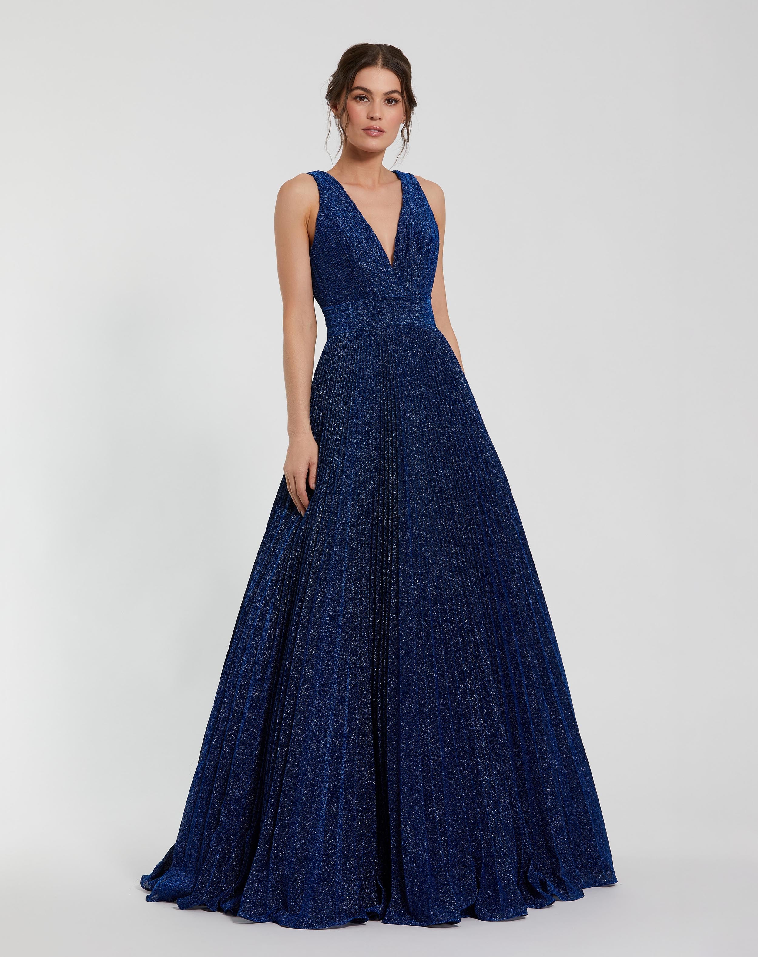 Navy Shimmering Pleated Sleeveless Gown Ieena for Mac Duggal