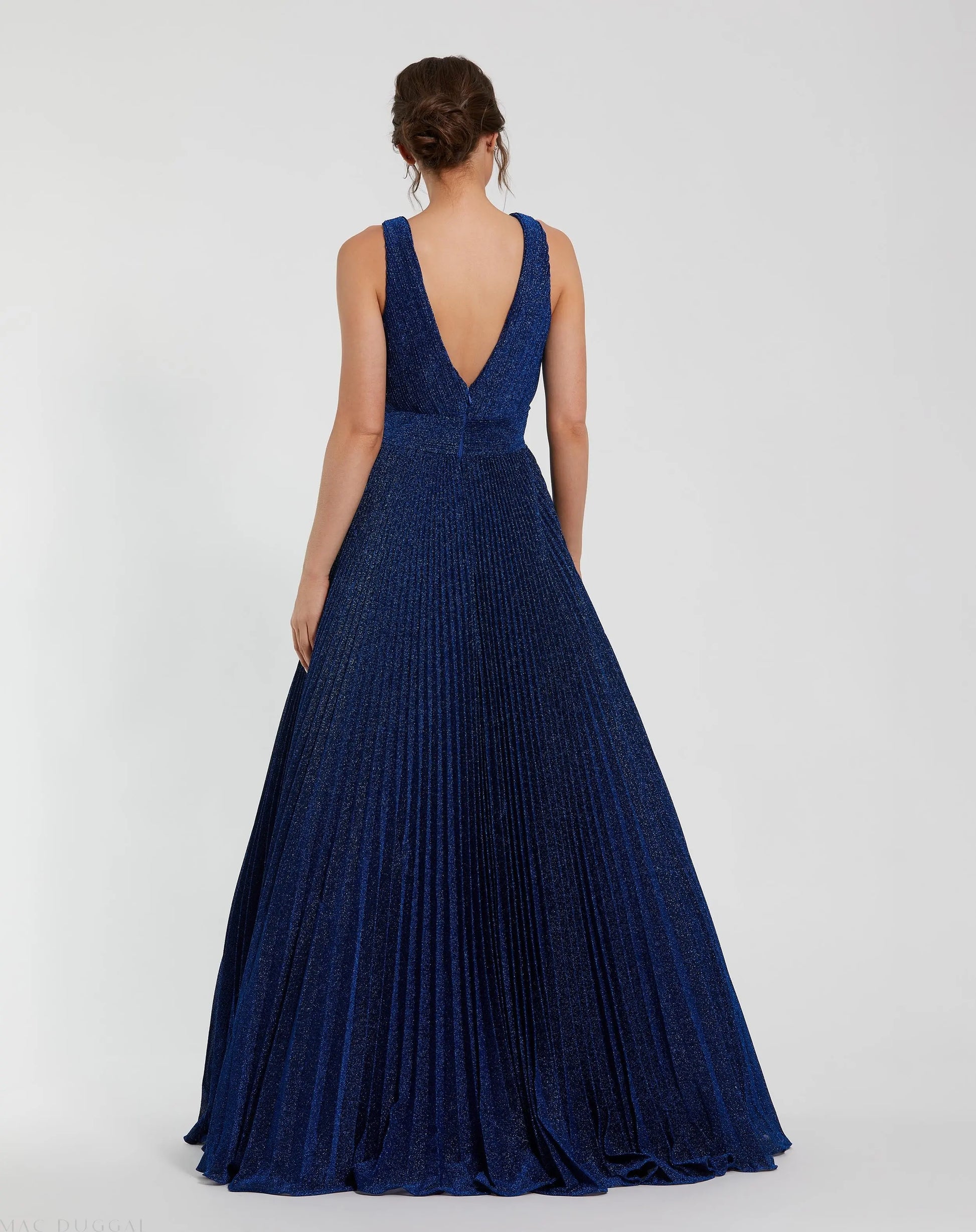 Navy Shimmering Lurex Pleated Sleeveless Gown | Mac Duggal Navy Shimmering Lurex Pleated Sleeveless Gown | Mac Duggal