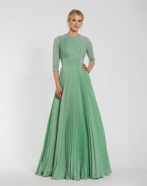 Green Pleated Shimmering 3/4 Sleeve Gown - Mac Duggal