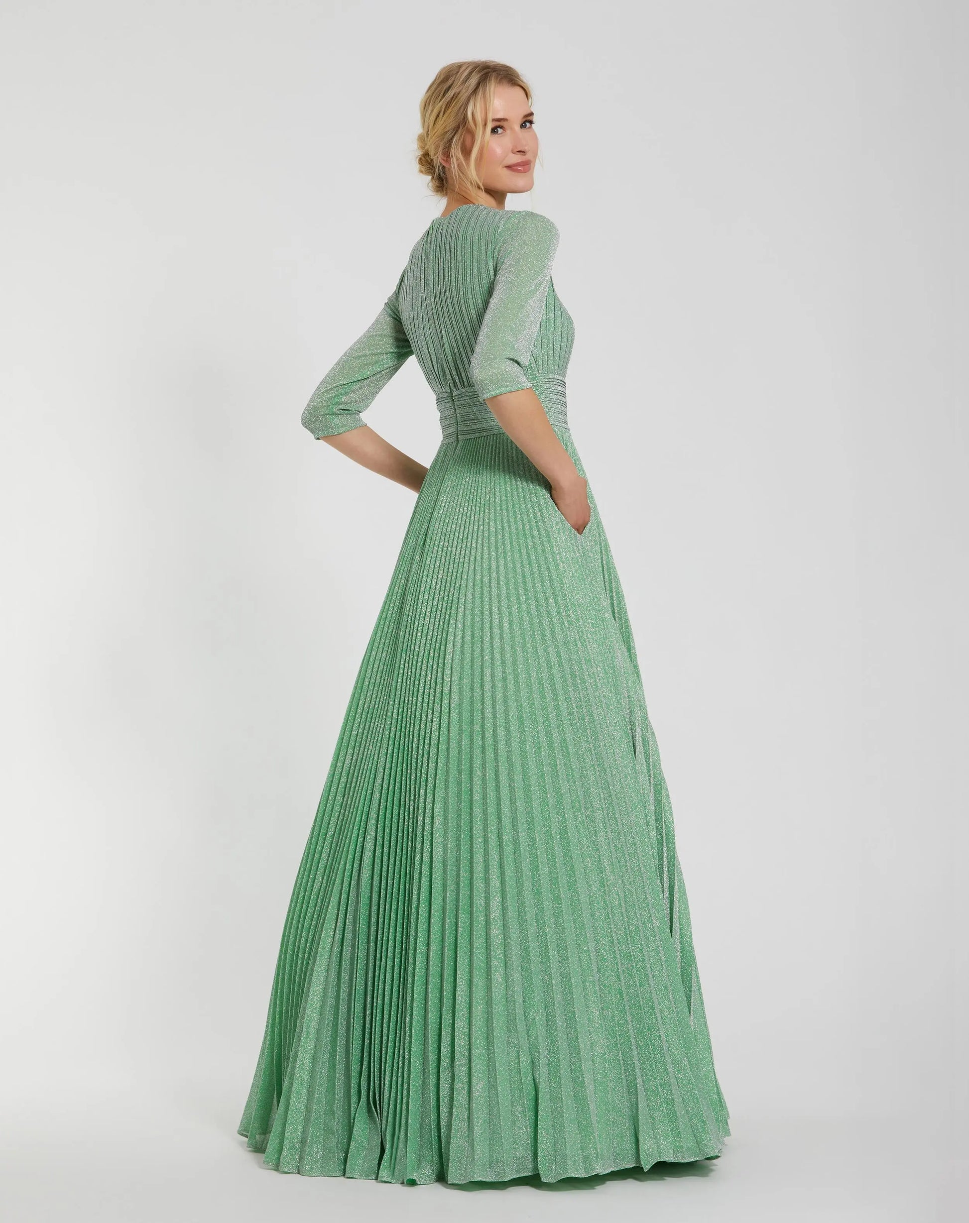 Green Pleated Shimmering 3/4 Sleeve Ball Gown | Mac Duggal Green Pleated Shimmering 3/4 Sleeve Ball Gown | Mac Duggal
