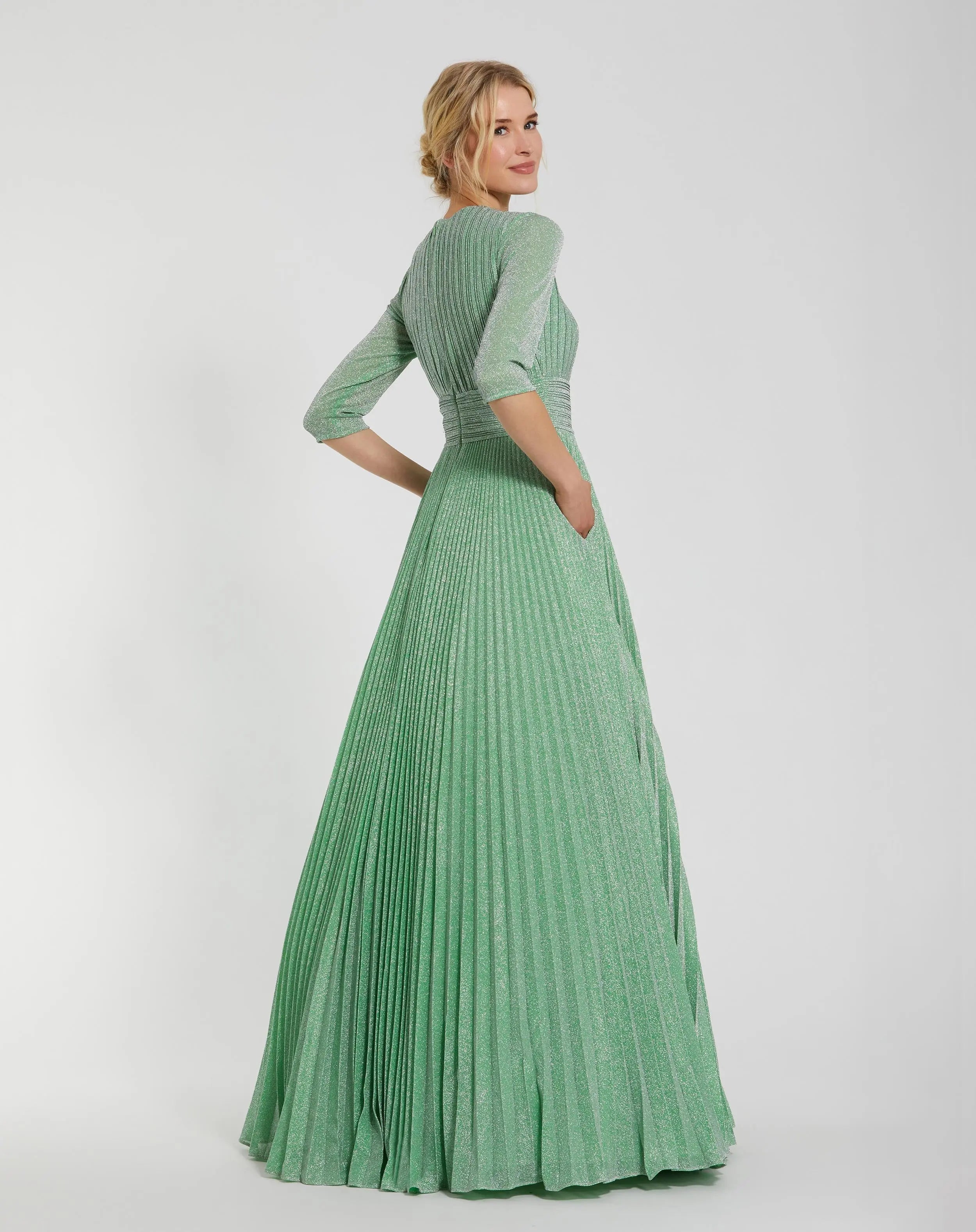 Green Pleated Shimmering 3/4 Sleeve Gown - Mac Duggal