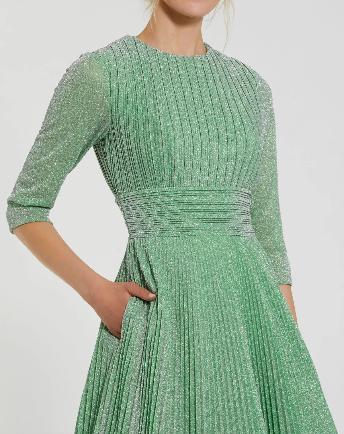 Green Pleated Shimmering 3/4 Sleeve Gown- Mac Duggal Sage / US 12 Green Pleated Shimmering 3/4 Sleeve Gown- Mac Duggal Sage / US 12