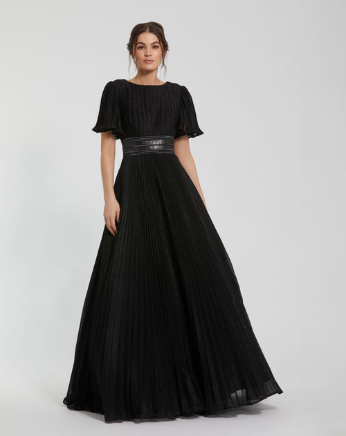 Pleated Shimmering Georgette Flutter Sleeve Gown