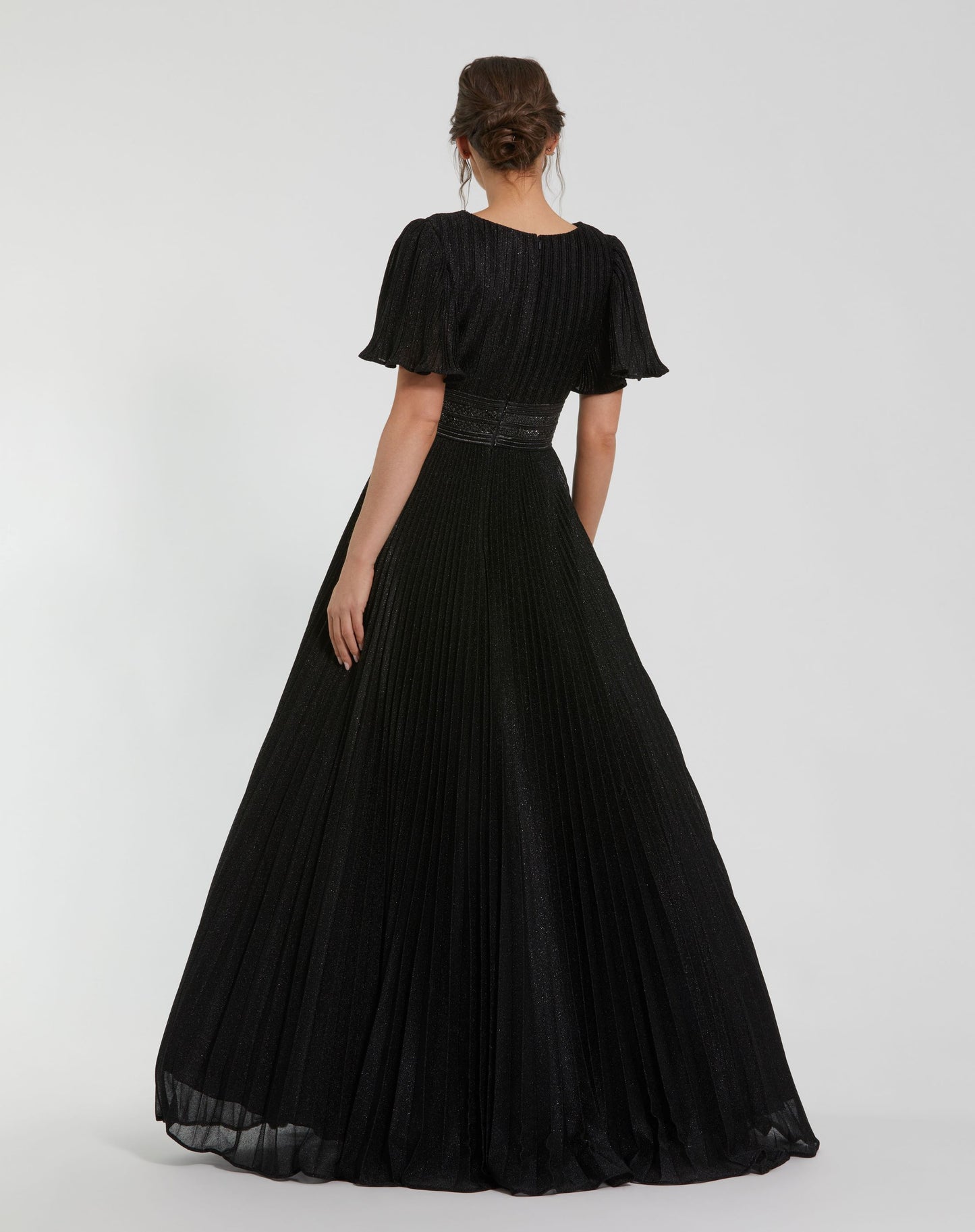 Pleated Shimmering Georgette Flutter Sleeve Gown