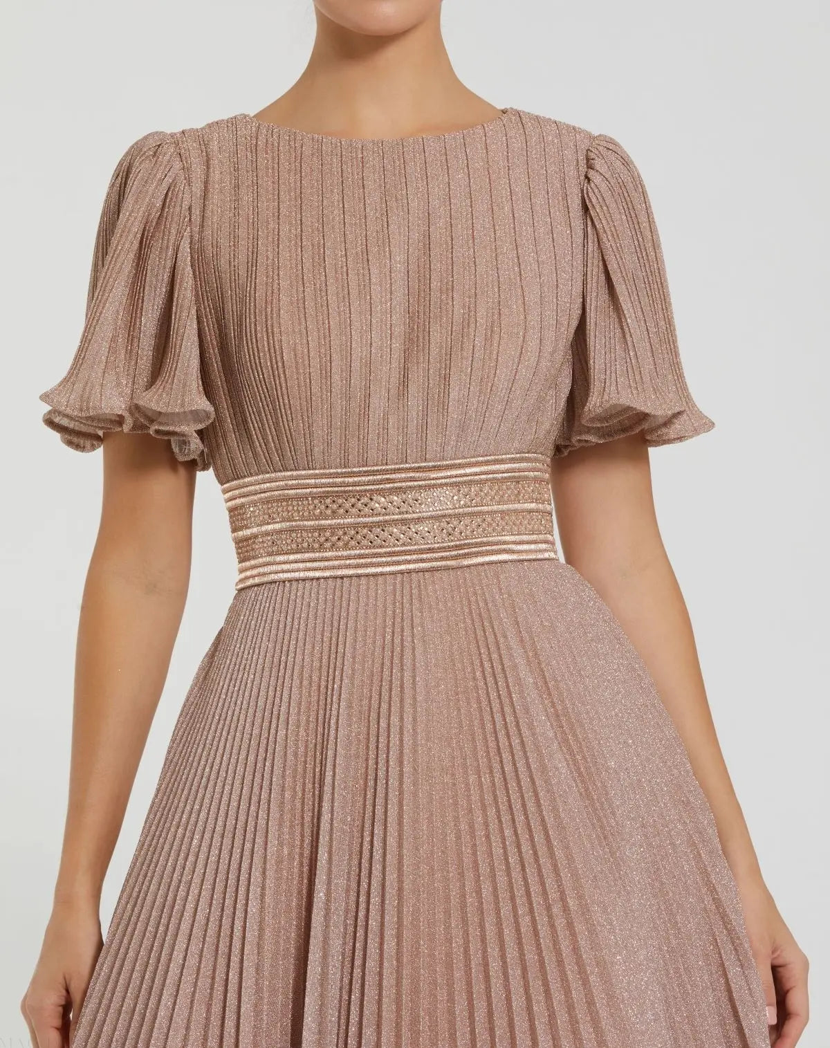 Pink Pleated Shimmering Flutter Sleeve Gown - Mac Duggal US 6 Pink Pleated Shimmering Flutter Sleeve Gown - Mac Duggal US 6